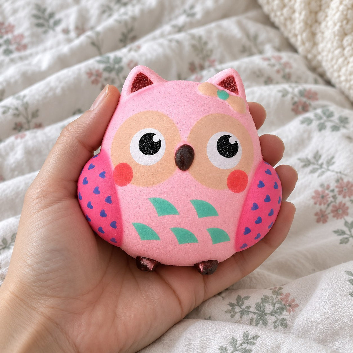 Owl squishy slow rising, held toward the camera, first-person view