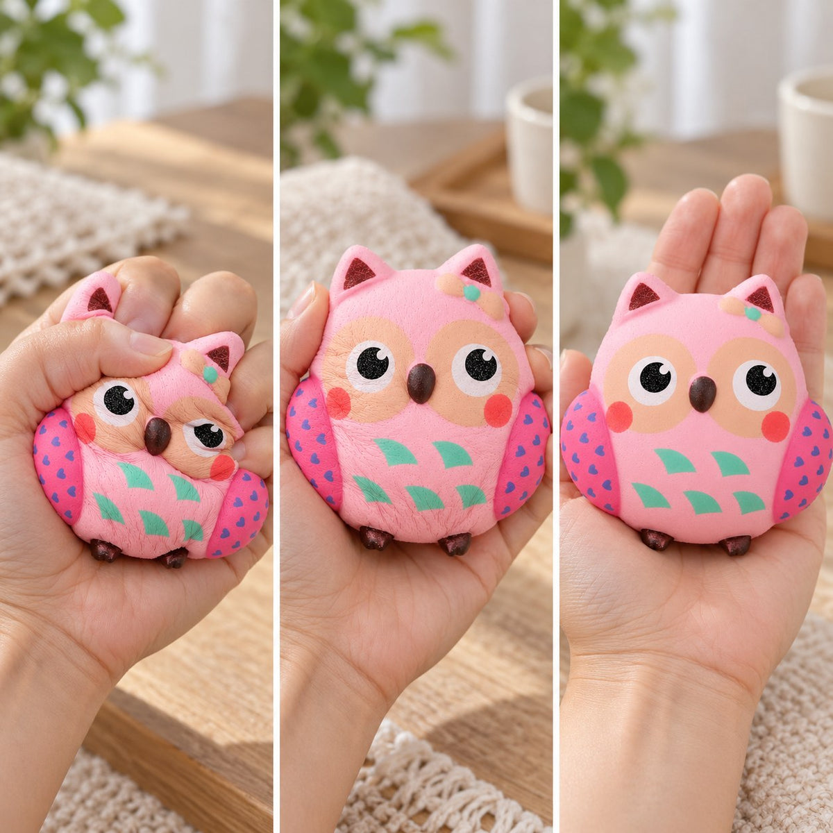 Owl squishy, squished flat, half risen and fully back in shape