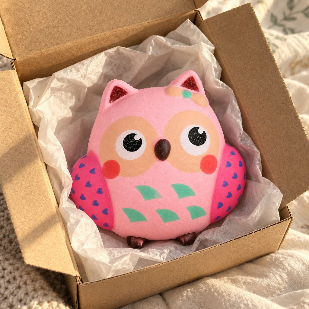 Owl squishy, unboxed from a parcel with tissue paper