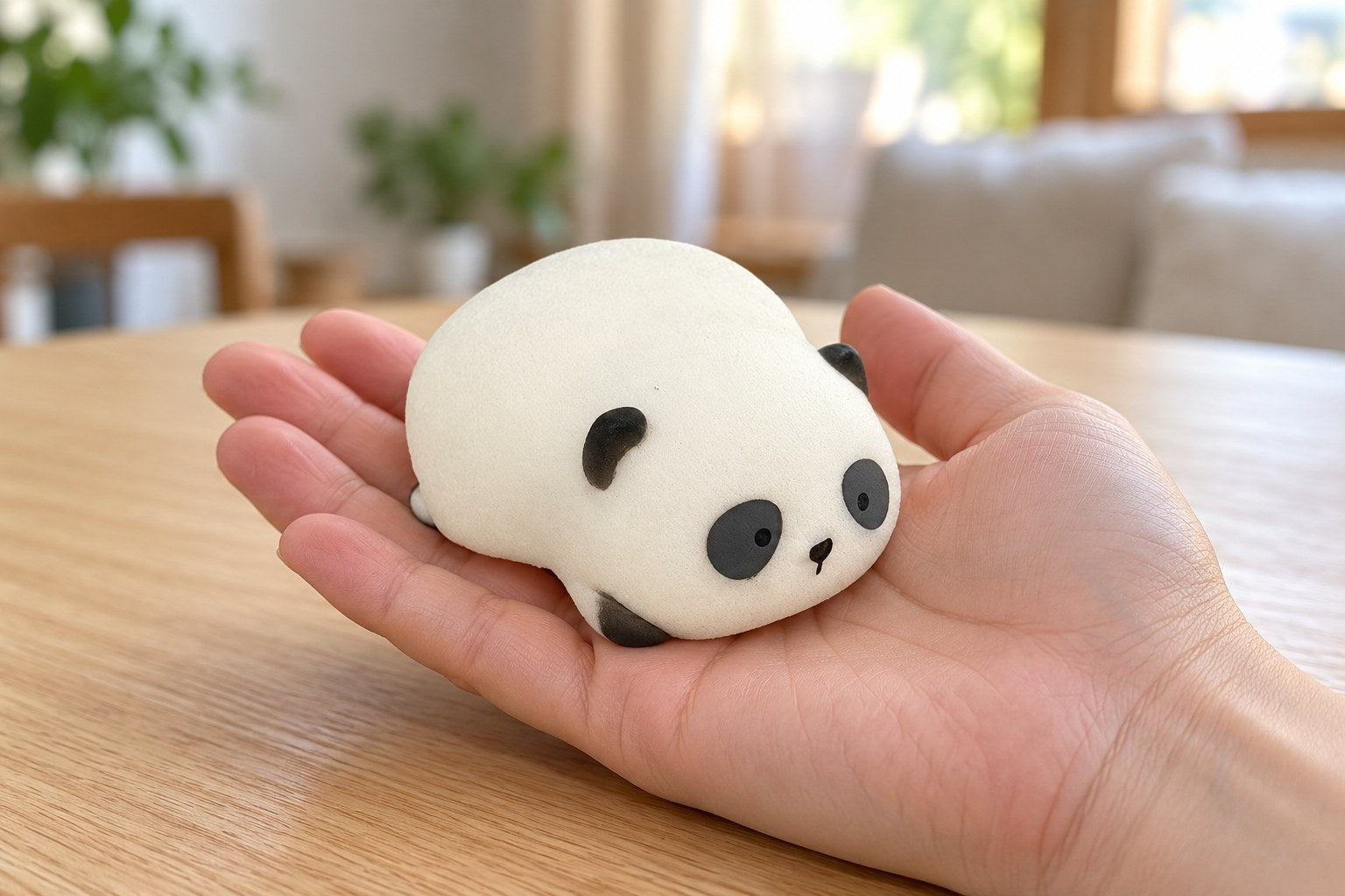 Kawaii animal squishy in hand: a white and black lying panda squishy