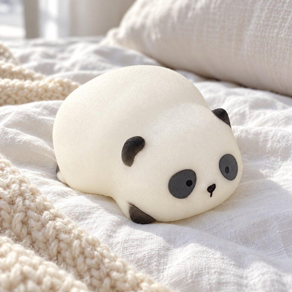 Panda Squishy, Lying Panda in Gift Box, on a cozy bed with soft blankets