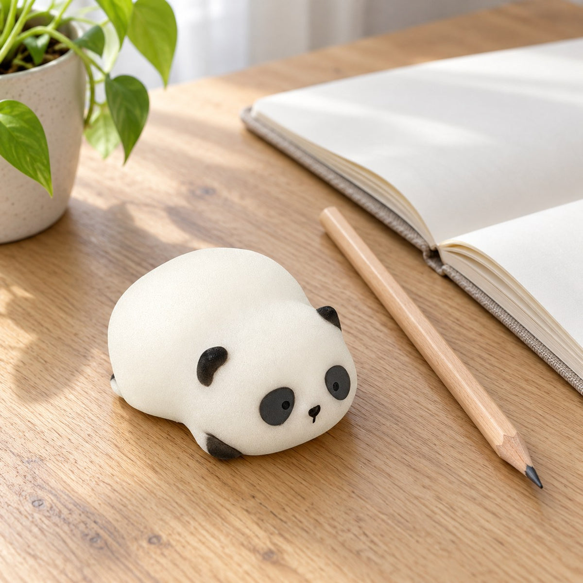 Panda Squishy, Lying Panda in Gift Box, on a desk with a notebook and pencil