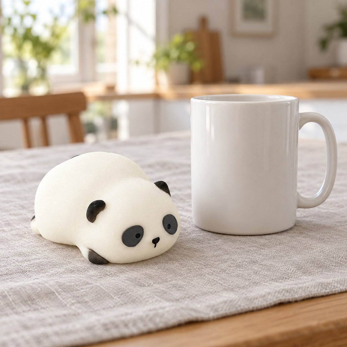 Panda Squishy, Lying Panda in Gift Box, next to a coffee mug for size comparison
