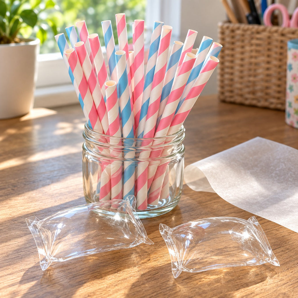 Squishy palhinhas de papel DIY num frasco junto a bolhas de fita nano
