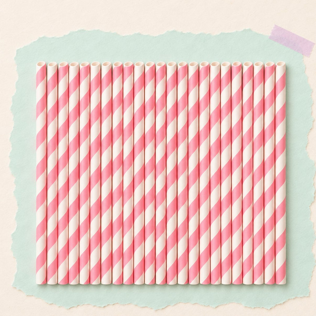 Gestreepte papieren rietjes voor nano tape bubbels, 25 stuks in roze, op pastelkleurig papier