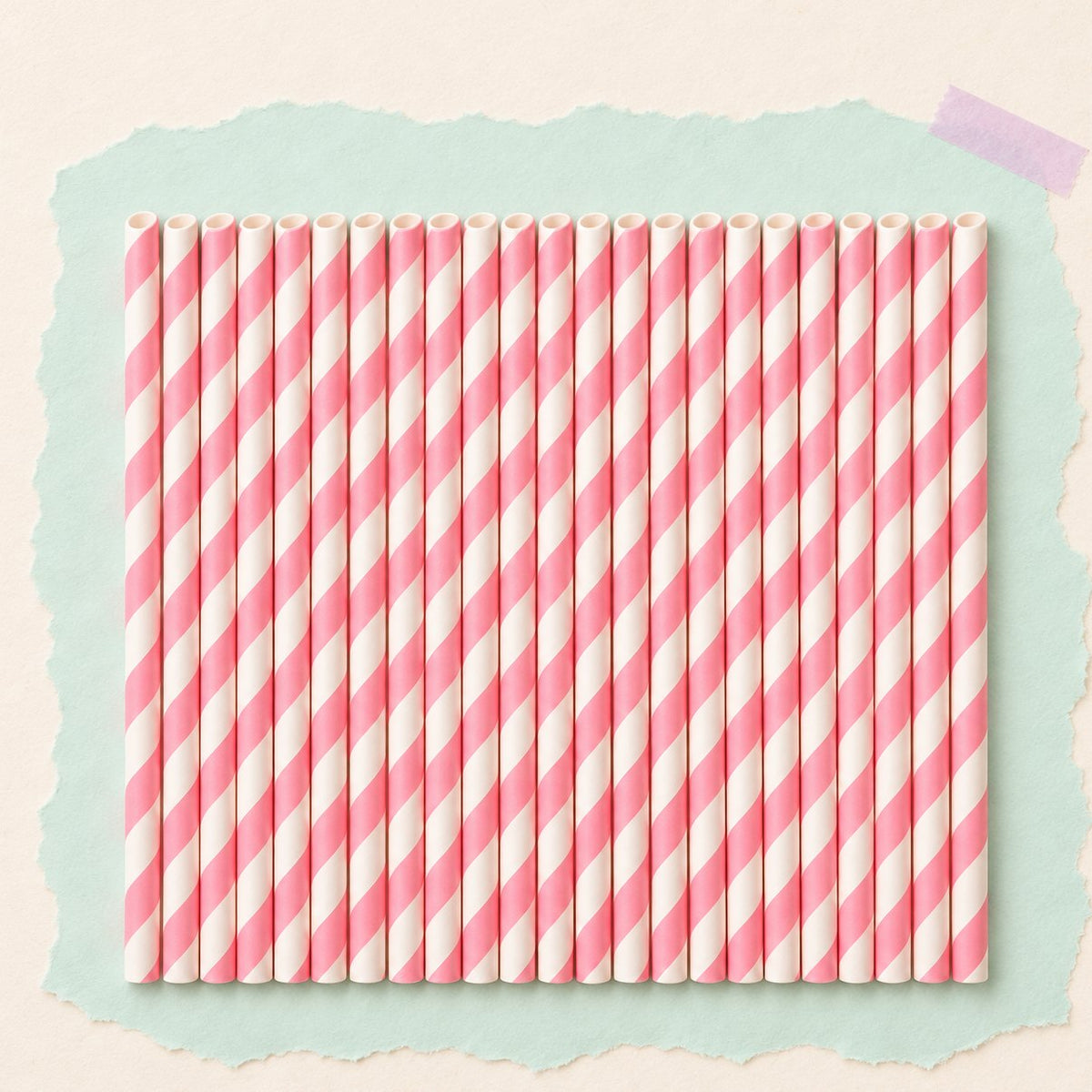 Gestreepte papieren rietjes voor nano tape bubbels, 25 stuks in roze, op pastelkleurig papier