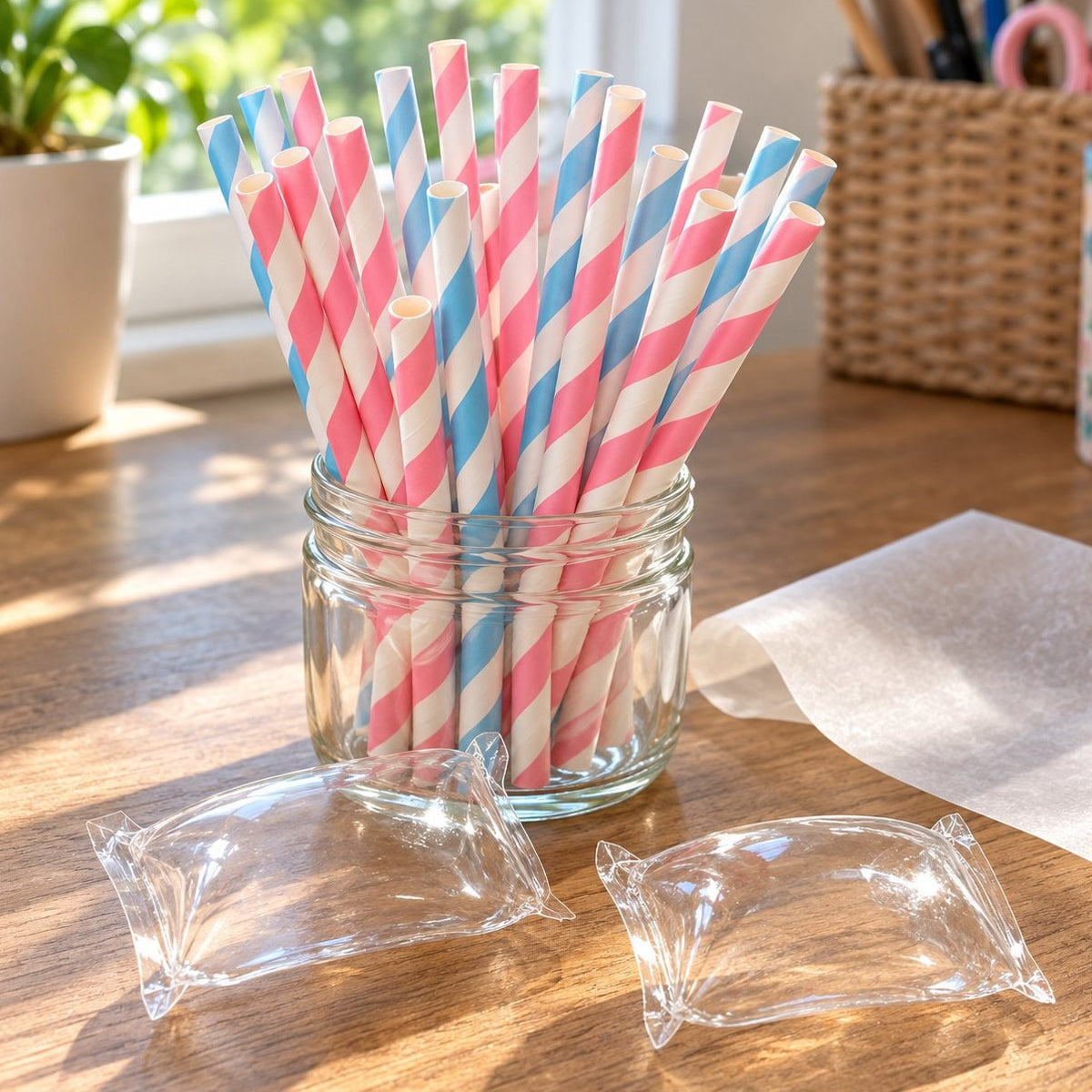 Papieren rietjes in een potje naast kant-en-klare nano tape bubbels voor squishy DIY