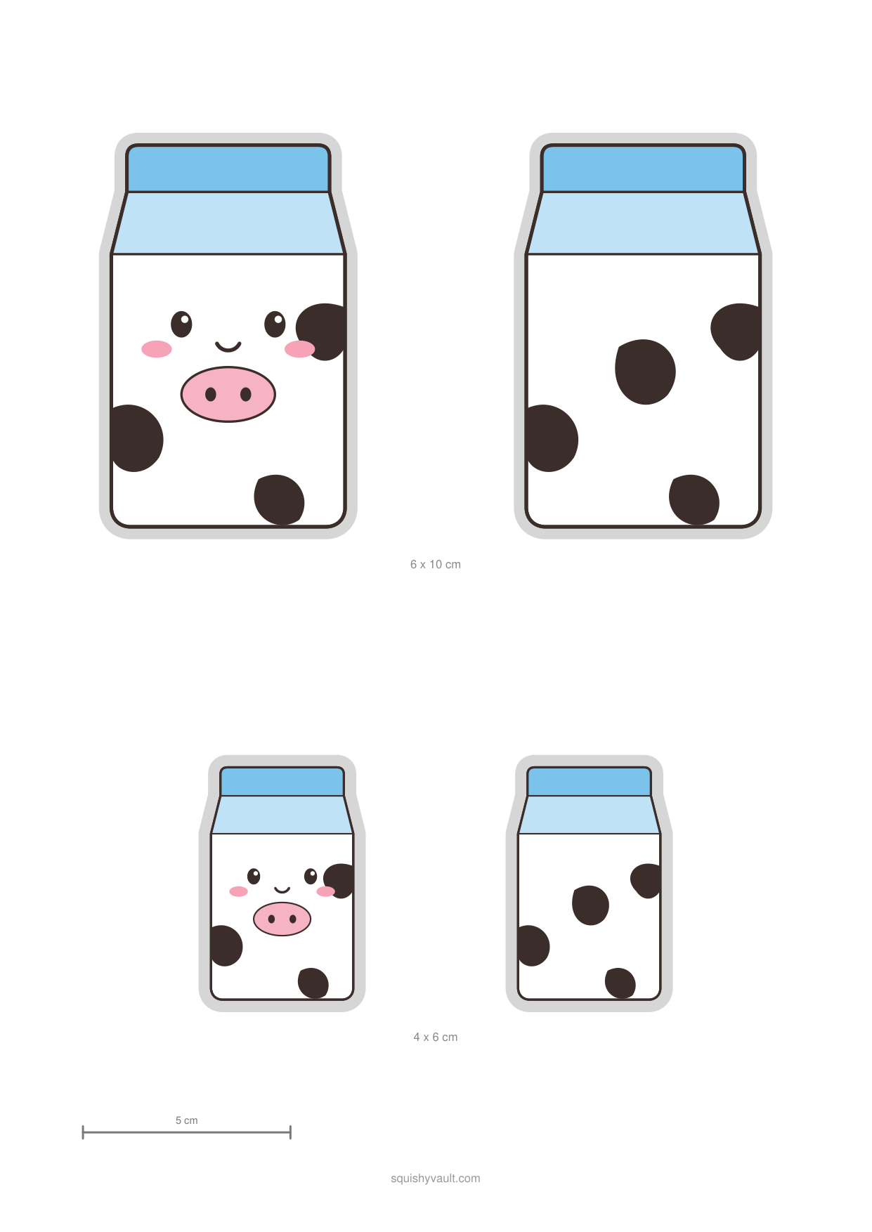 Papieren squishy templates: melkpak met zwarte koevlekken en een roze neus