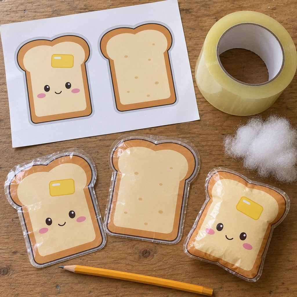 Papírový squishy DIY: předloha toastu, hotový squishy a široká izolepa