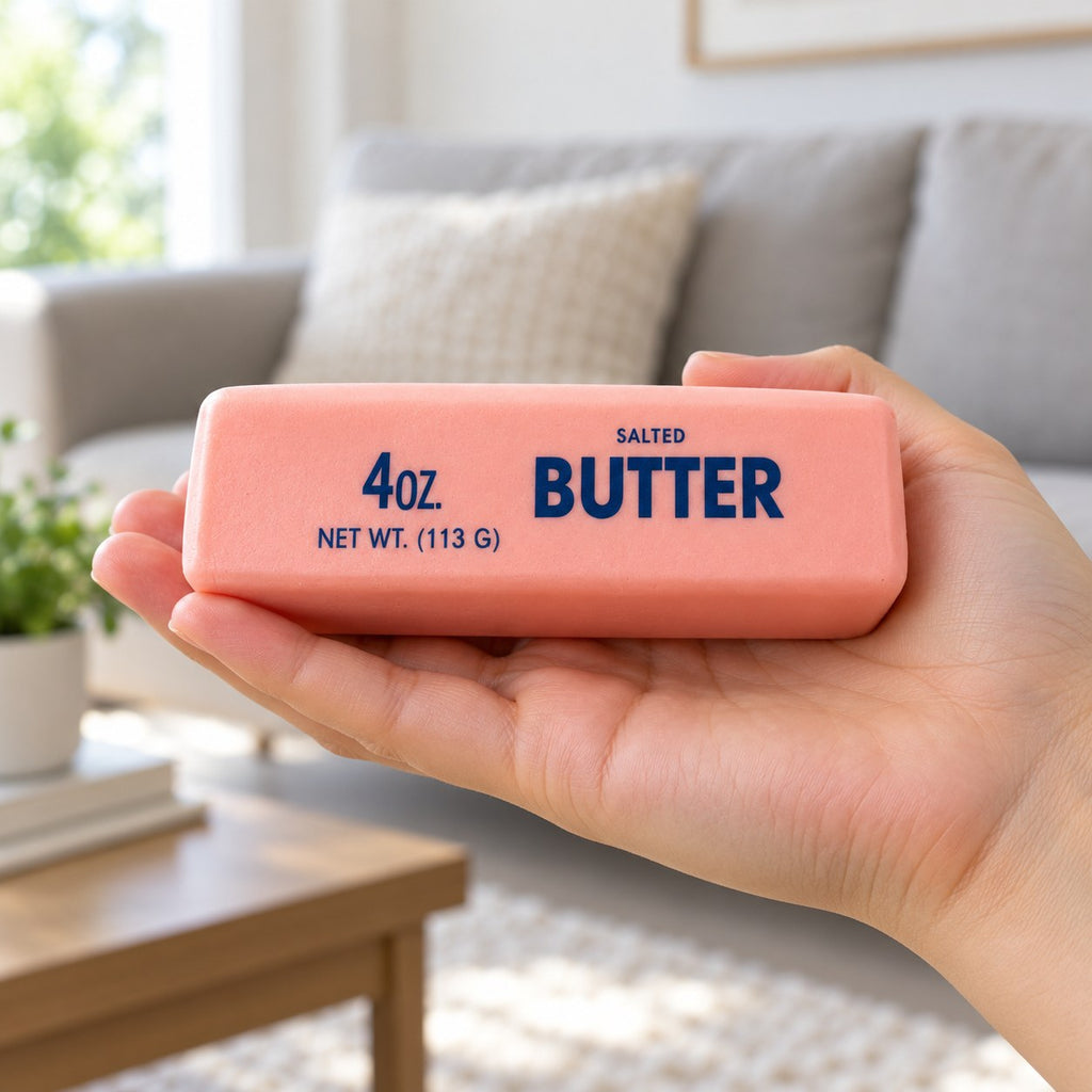 Pastel Butter Squishy, Pink, Strawberry or Chocolate, held in a hand to show the real size