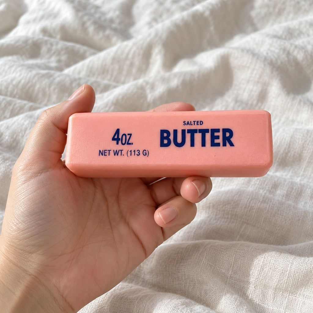 Pastel Butter Squishy, Pink, Strawberry or Chocolate, held toward the camera, first-person view