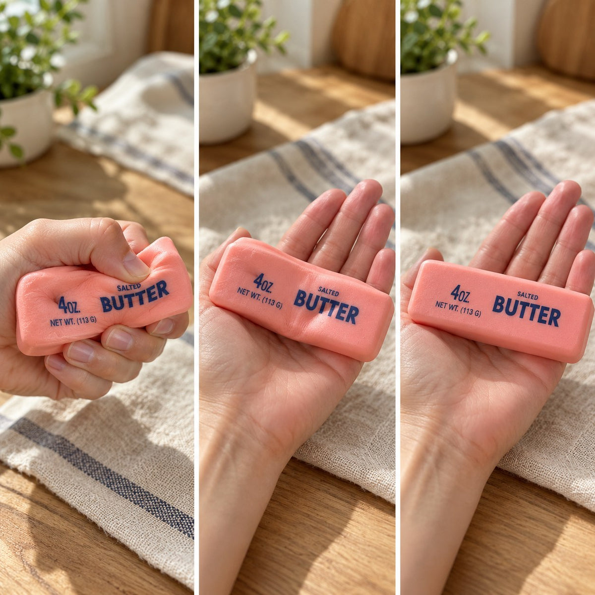 Pastel Butter Squishy, Pink, Strawberry or Chocolate, squished flat, half risen and fully back in shape