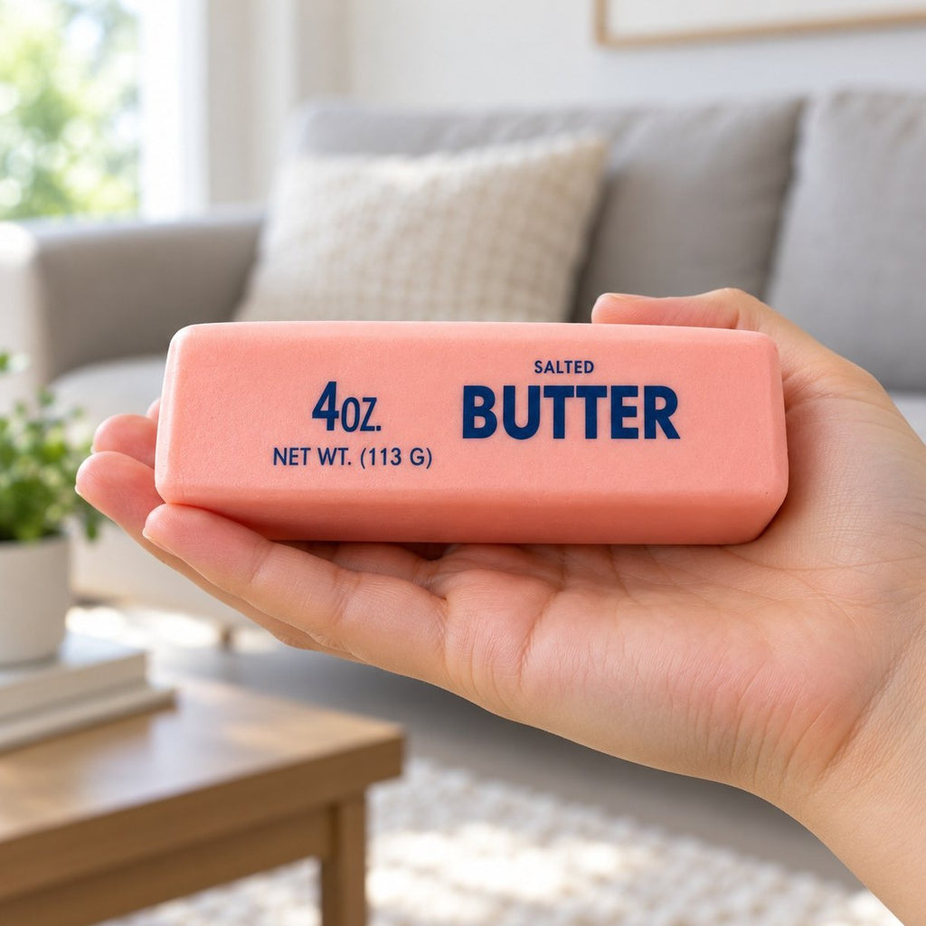 Slow Rising Pastell Butter Squishy in der Hand, so sieht man die echte Größe