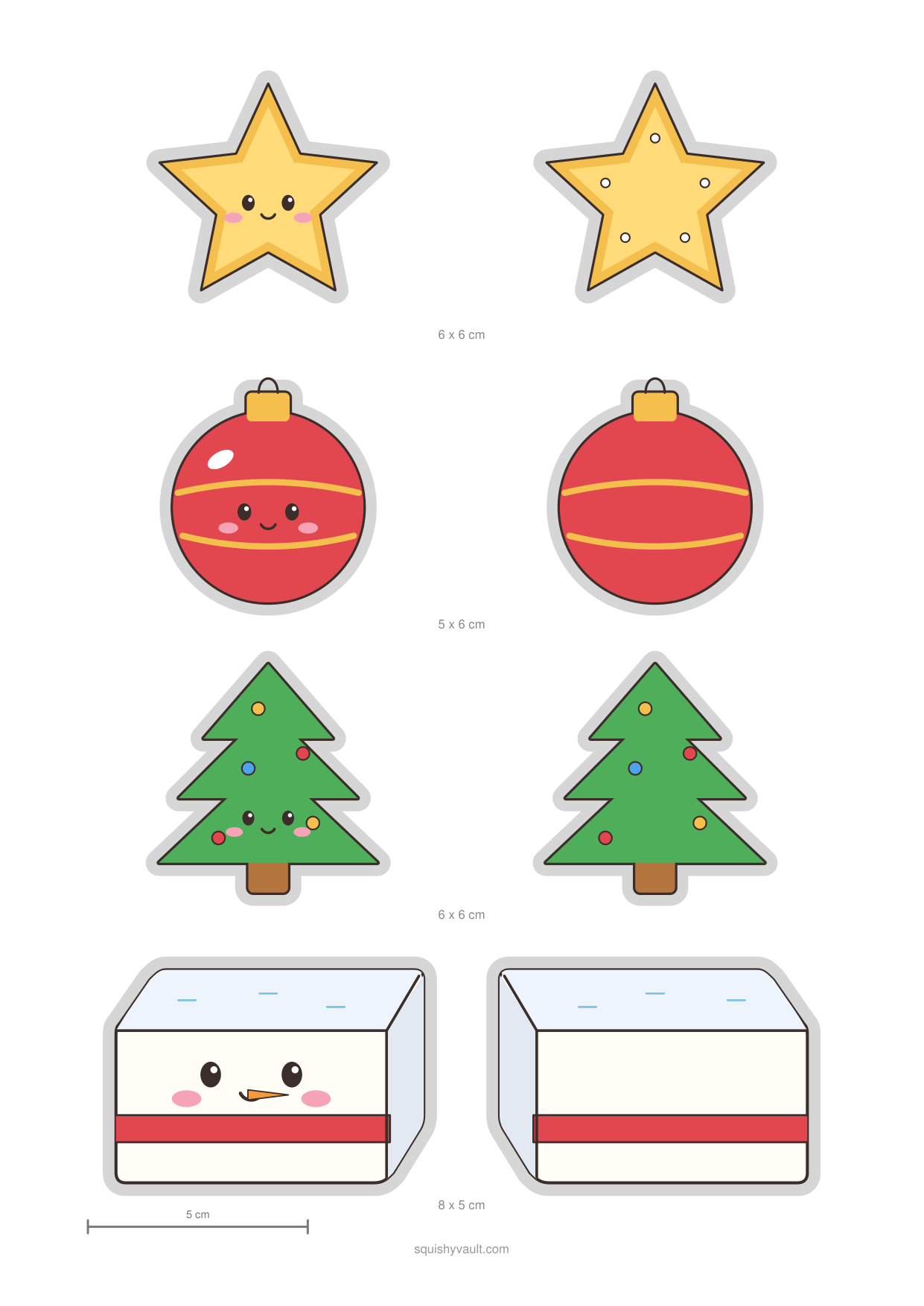 Modèles de squishy en papier à imprimer pour Noël : étoile dorée, boule rouge, sapin vert et beurre bonhomme de neige