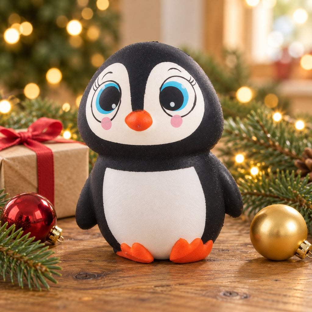 Penguin Squishy with Big Eyes, Slow Rising, 13.5 cm, in a Christmas scene with fir branches and fairy lights