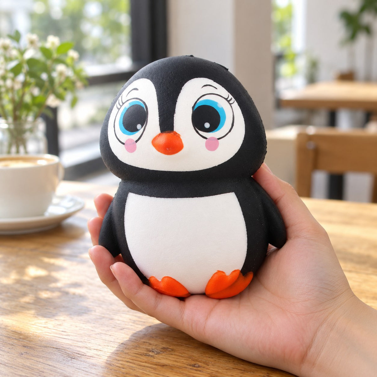 Penguin Squishy with Big Eyes, Slow Rising, 13.5 cm, held in a hand to show the real size