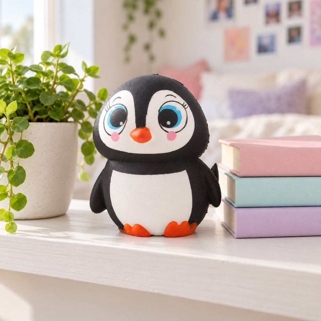 Penguin Squishy with Big Eyes, Slow Rising, 13.5 cm, on a shelf with books and a plant as room decor