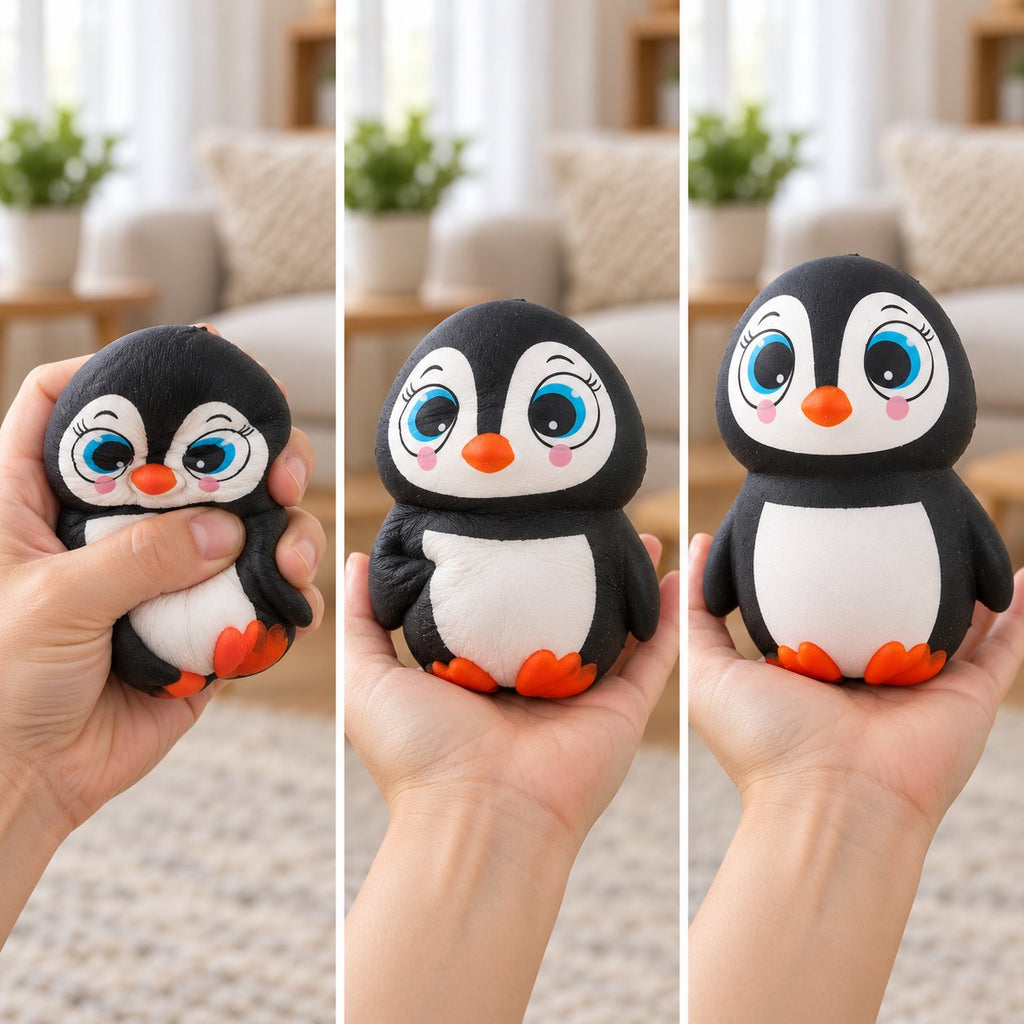 Penguin Squishy with Big Eyes, Slow Rising, 13.5 cm, squished flat, half risen and fully back in shape