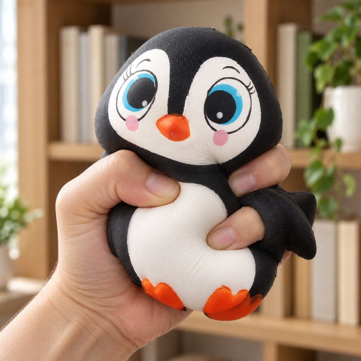 Penguin Squishy with Big Eyes, Slow Rising, 13.5 cm, being squeezed by hand, soft and squishy