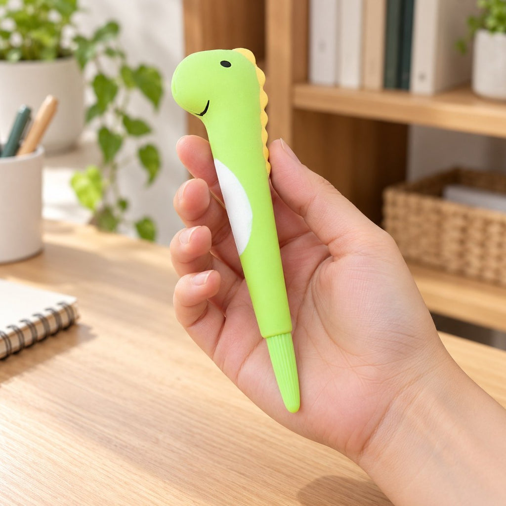 Penna gel squishy slow rising con dinosauro, tenuta in mano