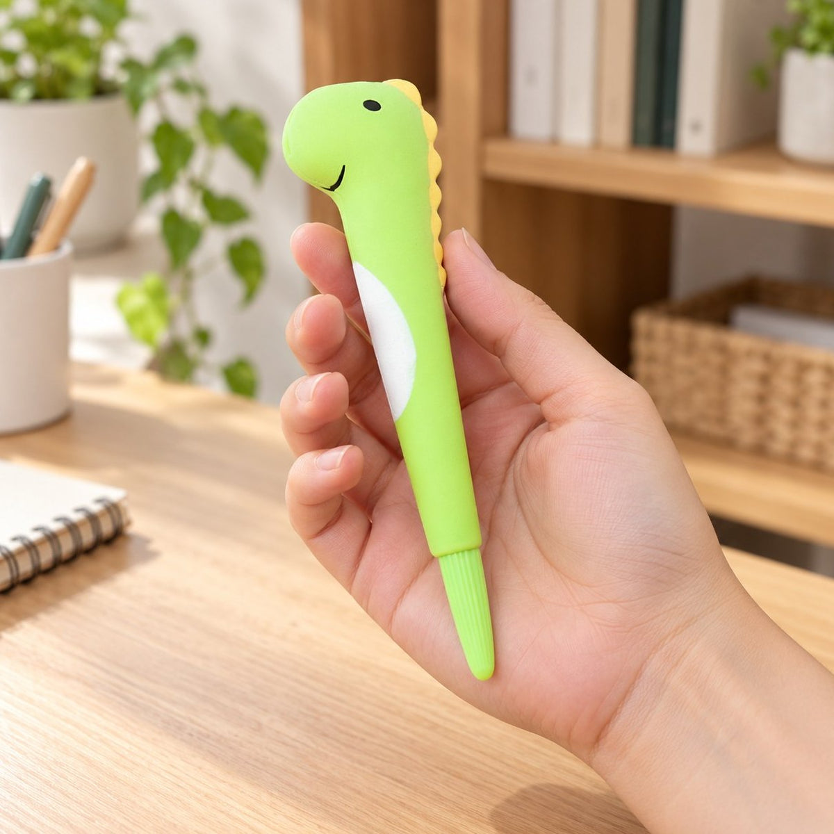 Penna gel squishy slow rising con dinosauro, tenuta in mano