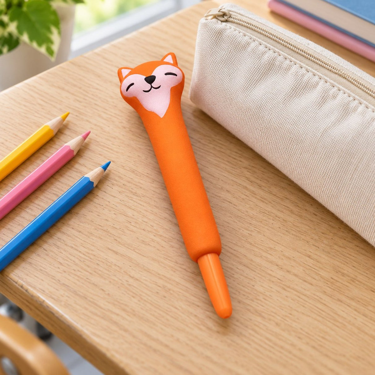 Sul banco di scuola accanto all'astuccio, penna gel squishy slow rising con volpe