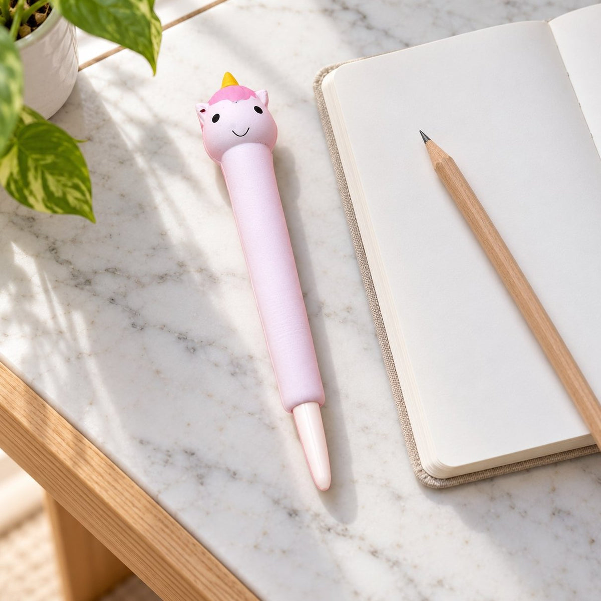 Penna squishy con unicorno sulla scrivania con quaderno e matita