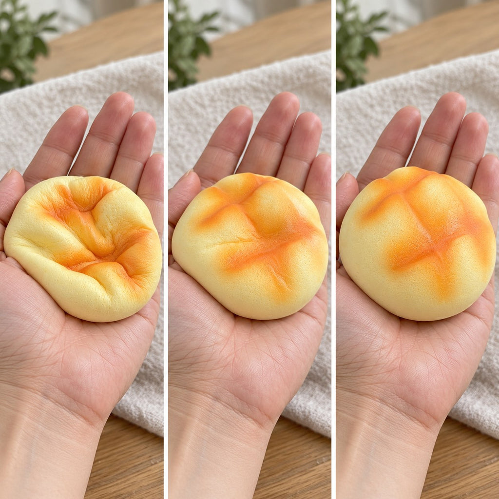 Pineapple bun squishy slow rising (8 cm, golden), squished flat, half risen and fully back in shape