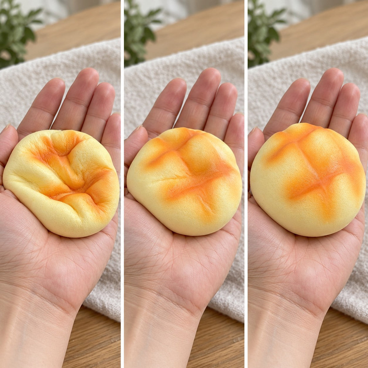 Pineapple bun squishy slow rising (8 cm, golden), squished flat, half risen and fully back in shape