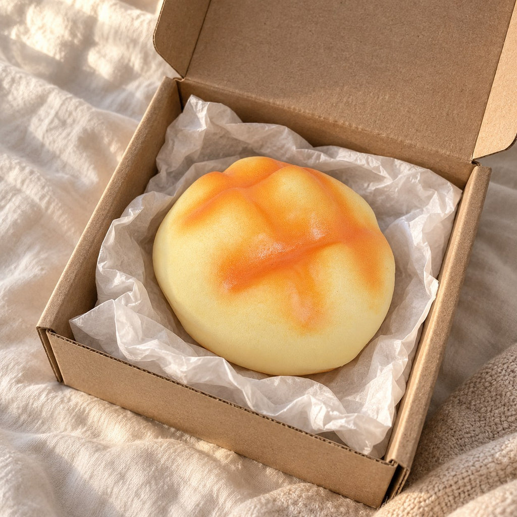 Pineapple bun squishy soft (8 cm, golden), unboxed from a parcel with tissue paper