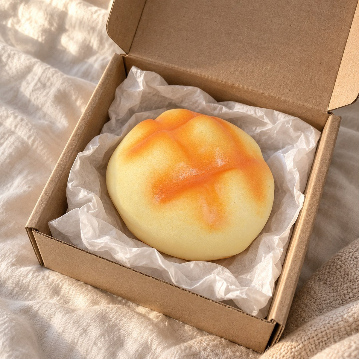 Pineapple bun squishy soft (8 cm, golden), unboxed from a parcel with tissue paper