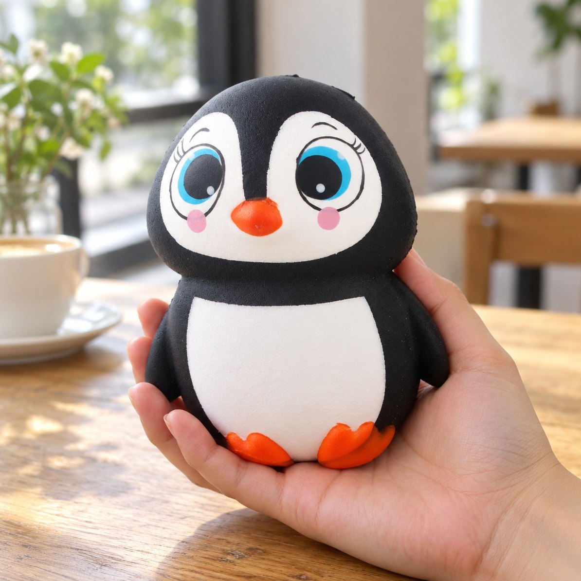 En hånd holder pingvin squishy, så størrelsen er tydelig