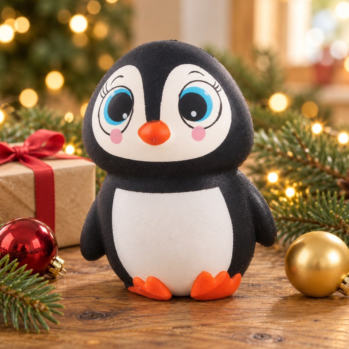 Julestemning med grangrene, lyskæde og slow rising pingvin squishy