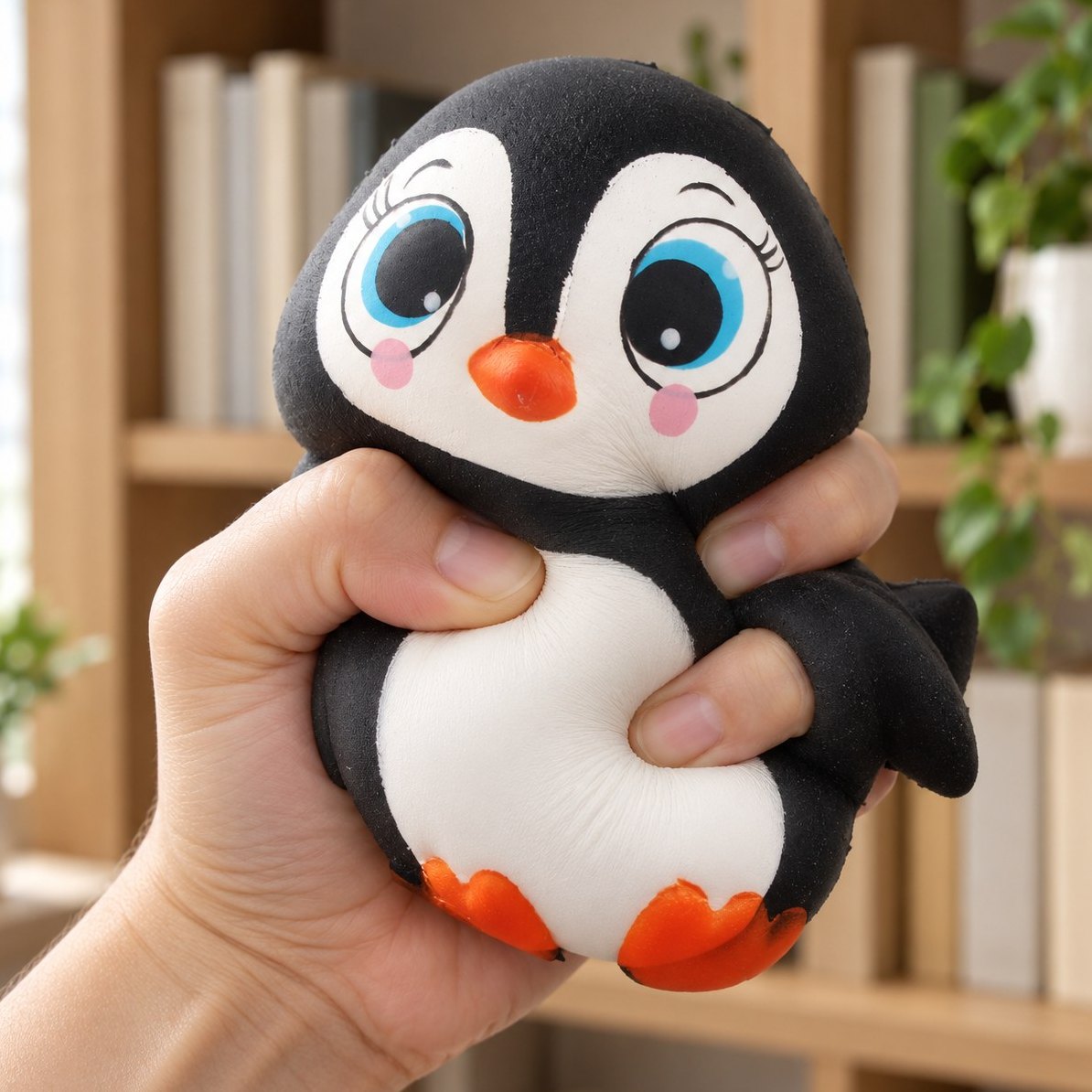 Klemt i hånden: slow rising pingvin squishy trykkes sammen og giver efter