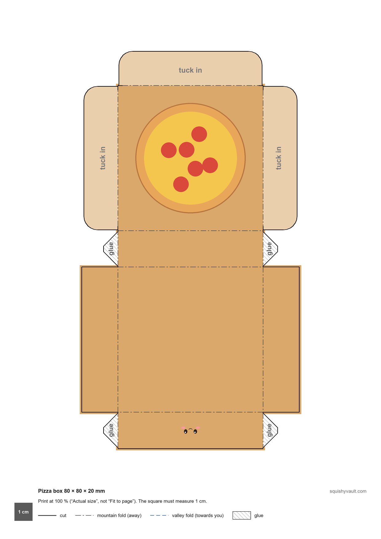 Printable fold template Pizza box for a paper squishy box, with cut and fold lines