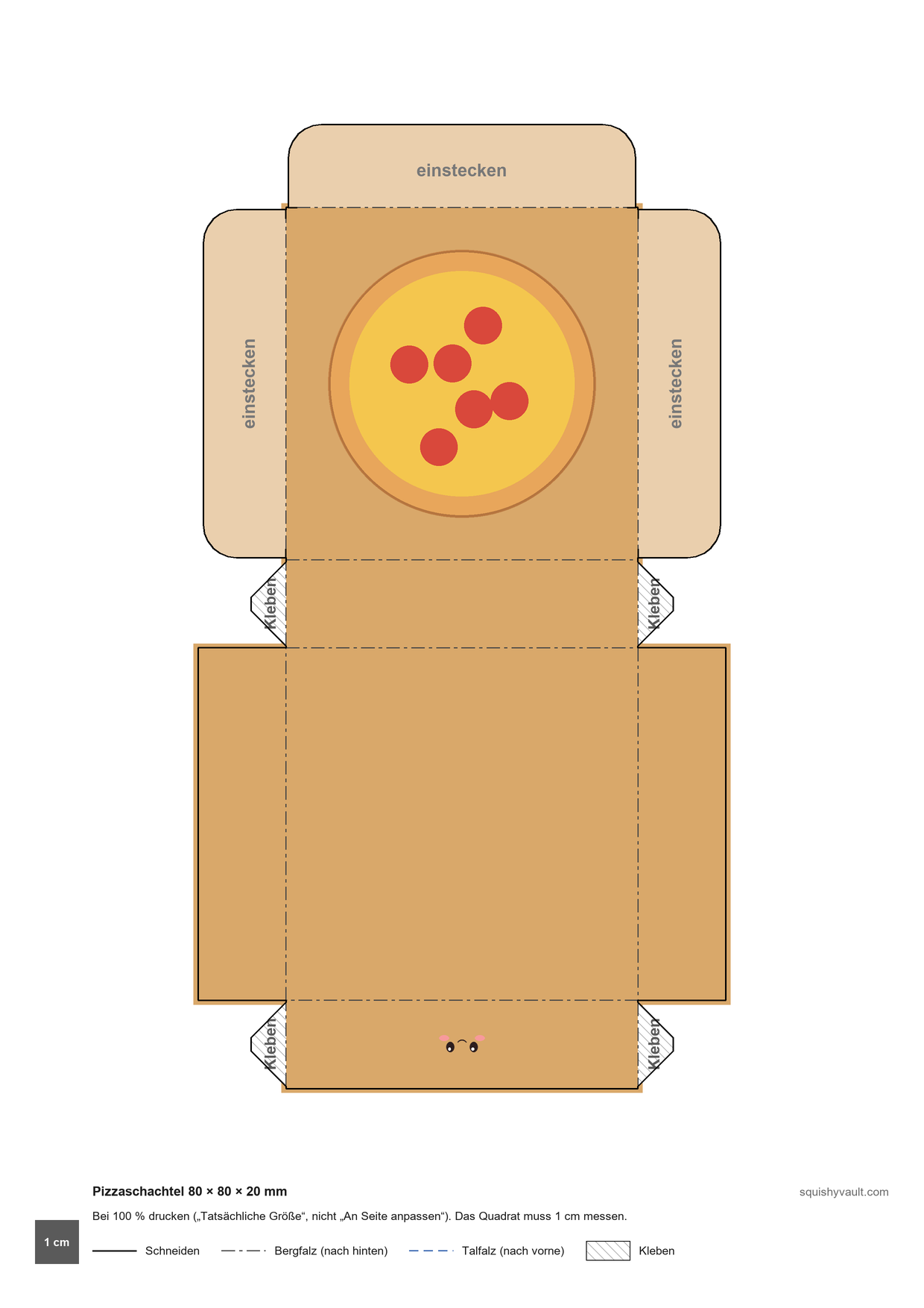 Faltvorlage Pizzaschachtel zum Ausdrucken für eine Papier-Squishy-Schachtel, mit Schnitt- und Falzlinien