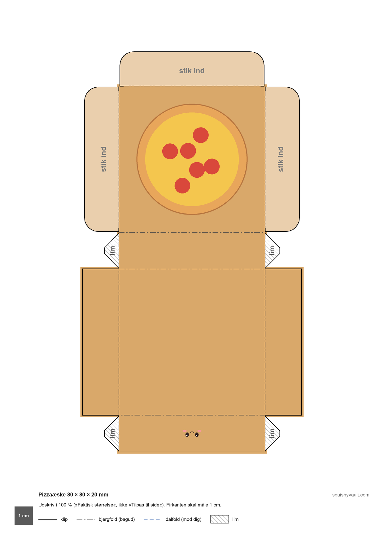 Squishy ud af papir, skabelon til pizzaæske med låg der kan åbnes og en pizza på