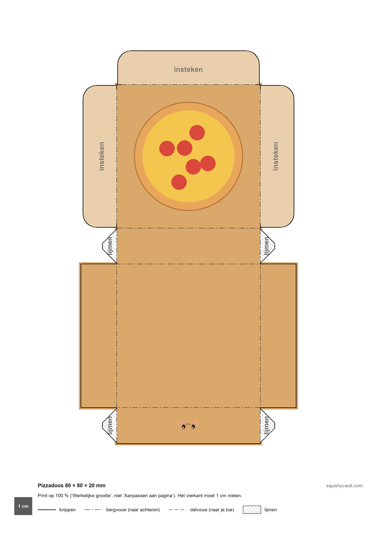 Squishy maken van papier, sjabloon van een pizzadoos met klepdeksel en een pizza erop