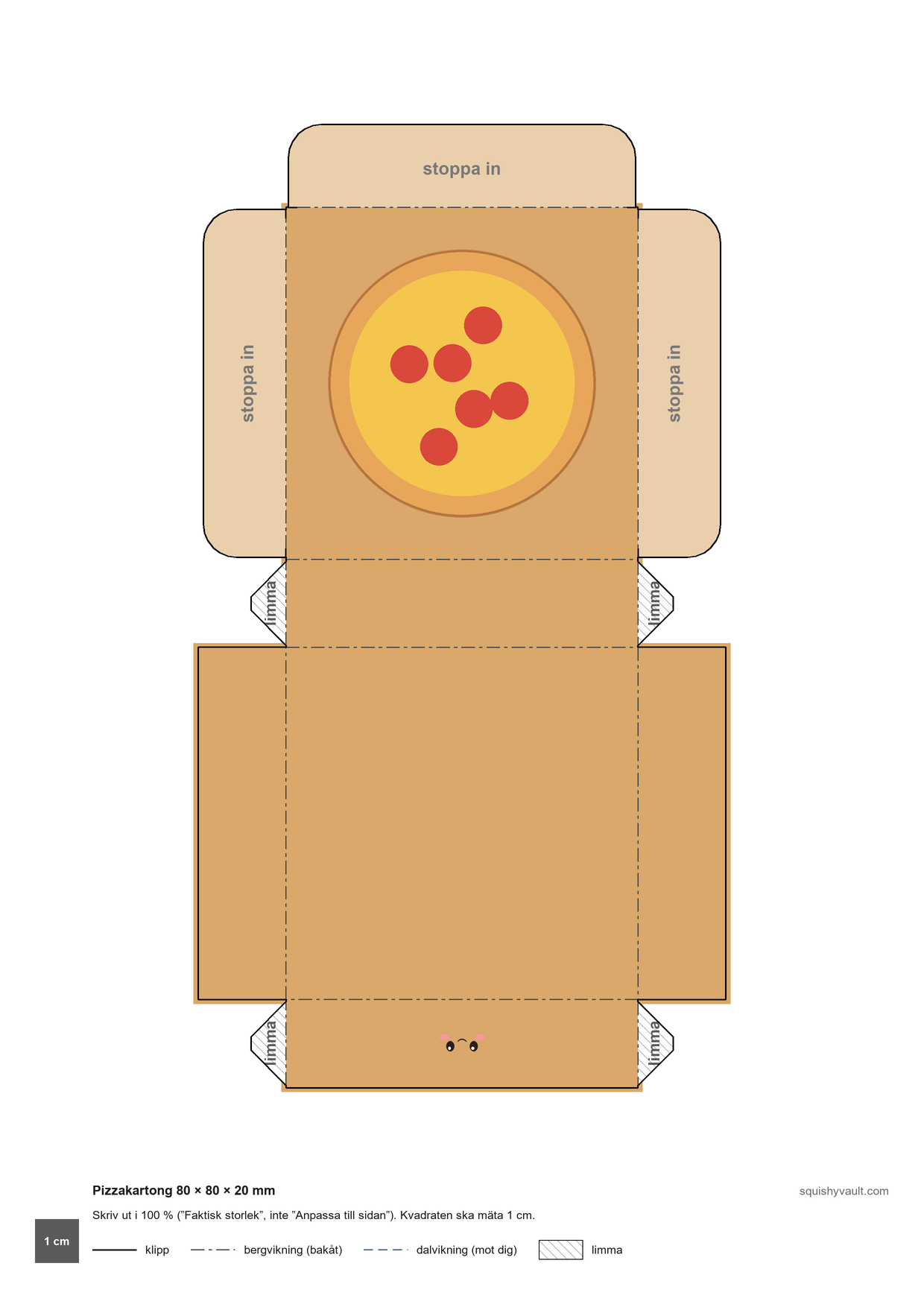 Squishy göra själv av papper, mall för pizzakartong med lock som går att öppna och en pizza på