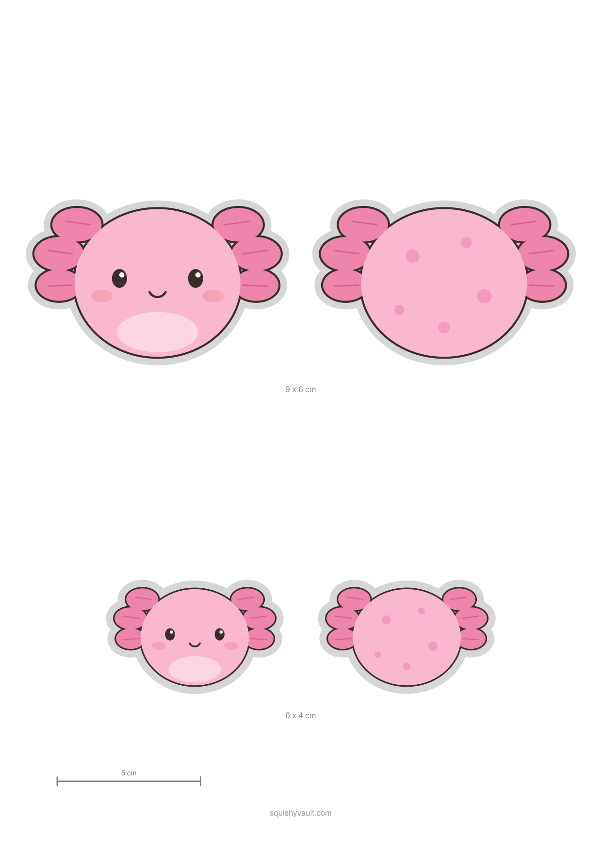 Plantilla de squishy de papel de ajolote para imprimir, una cara rosa de ajolote con branquias, delante y detrás con lunares