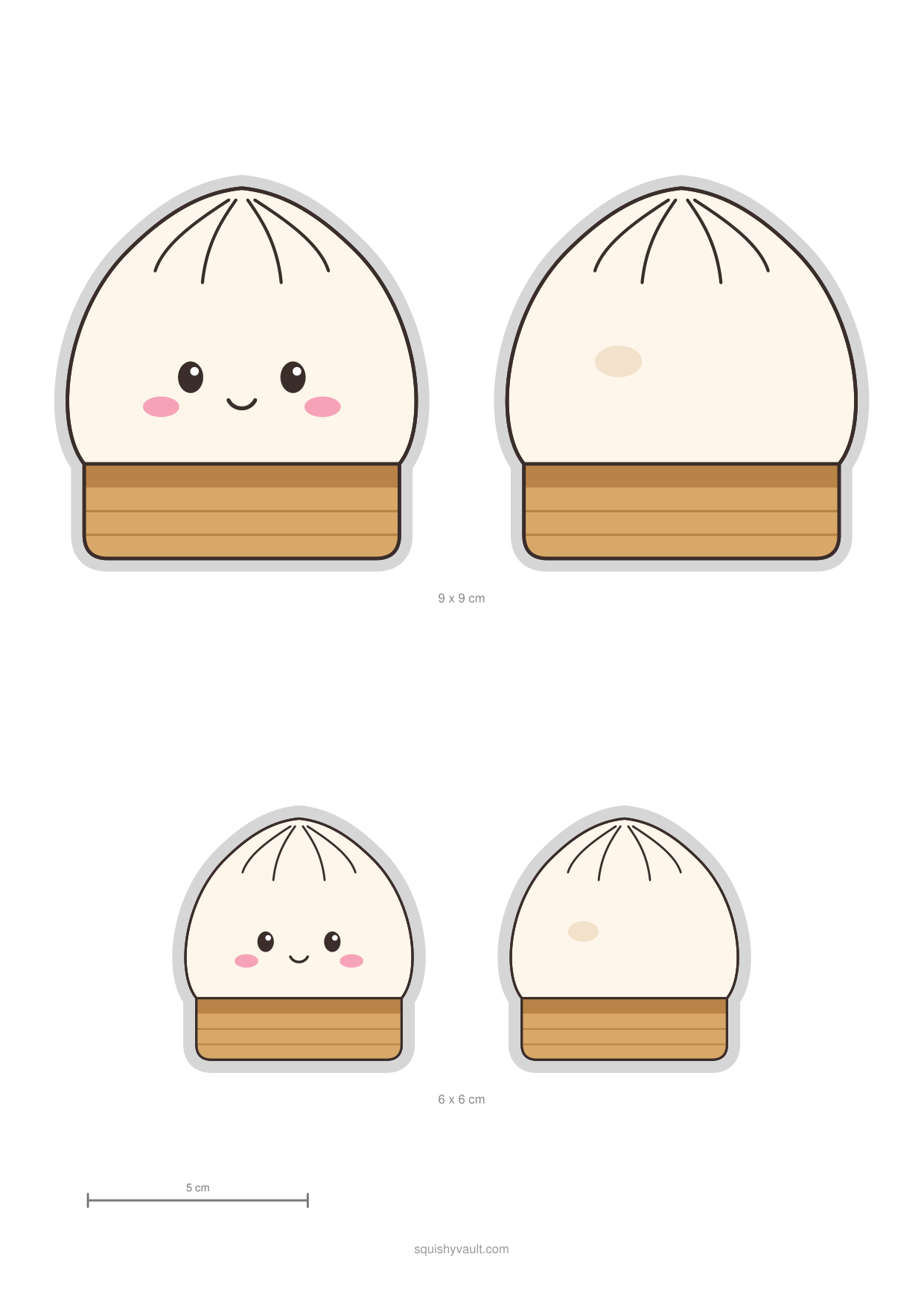 Plantilla de squishy de papel dumpling para imprimir con parte delantera y trasera en dos tamaños