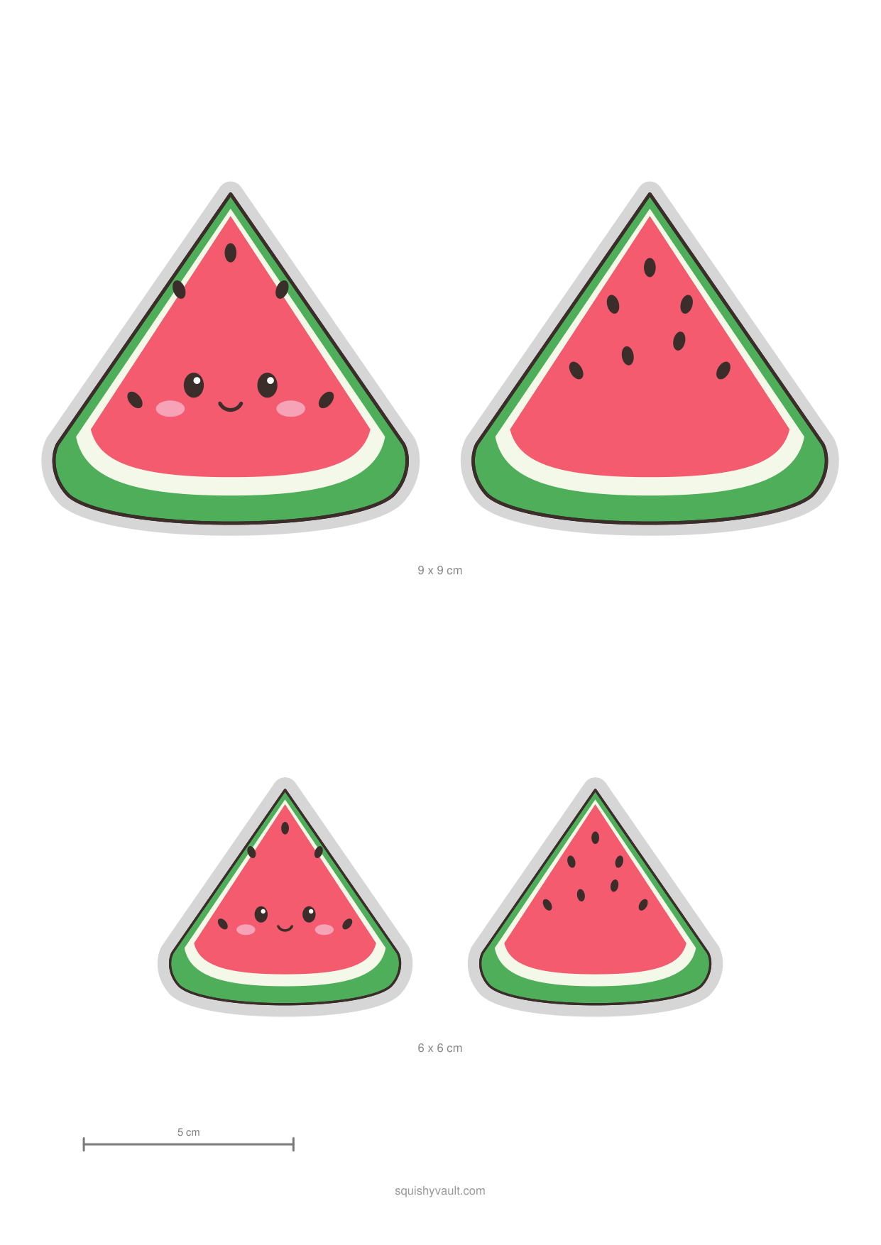Plantilla de squishy de papel de una tajada de sandía con pepitas y corteza verde para imprimir