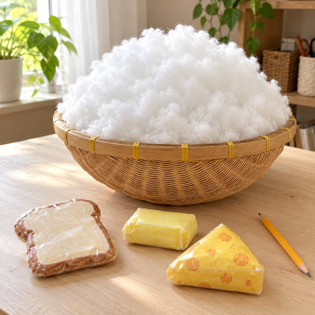 1 kg vulwatten voor squishy in een mand naast papieren squishies