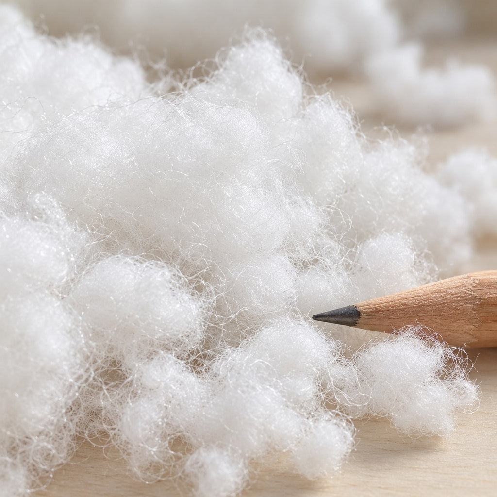 Pluizige plukjes vulwatten van polyester naast een potlood
