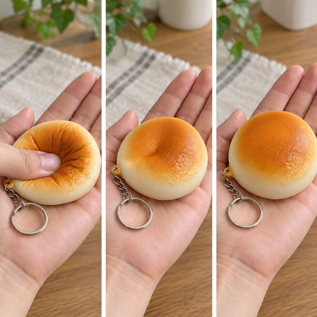 Porte-clés squishy petit pain slow rising écrasé, à moitié remonté puis en forme