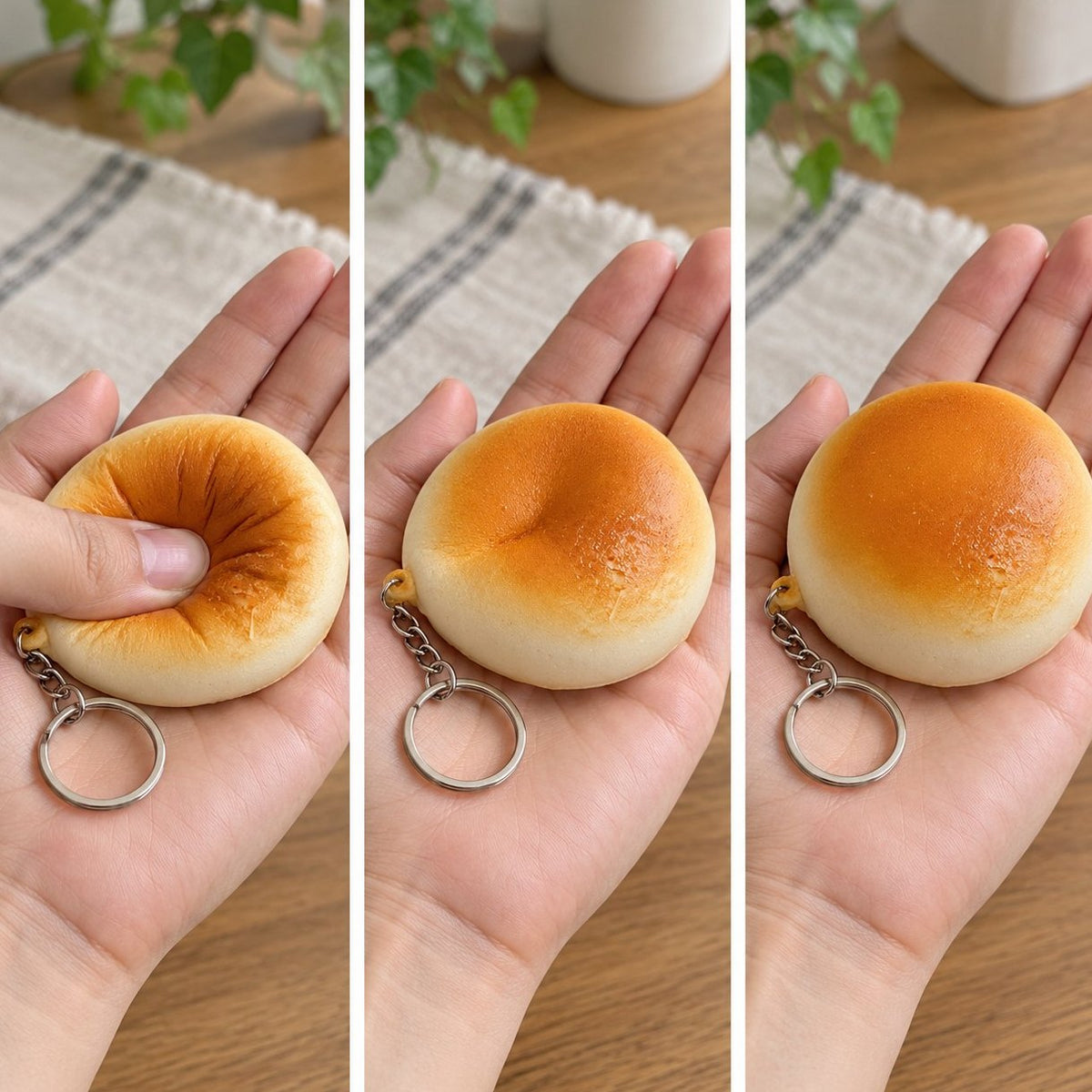 Porte-clés squishy petit pain slow rising écrasé, à moitié remonté puis en forme