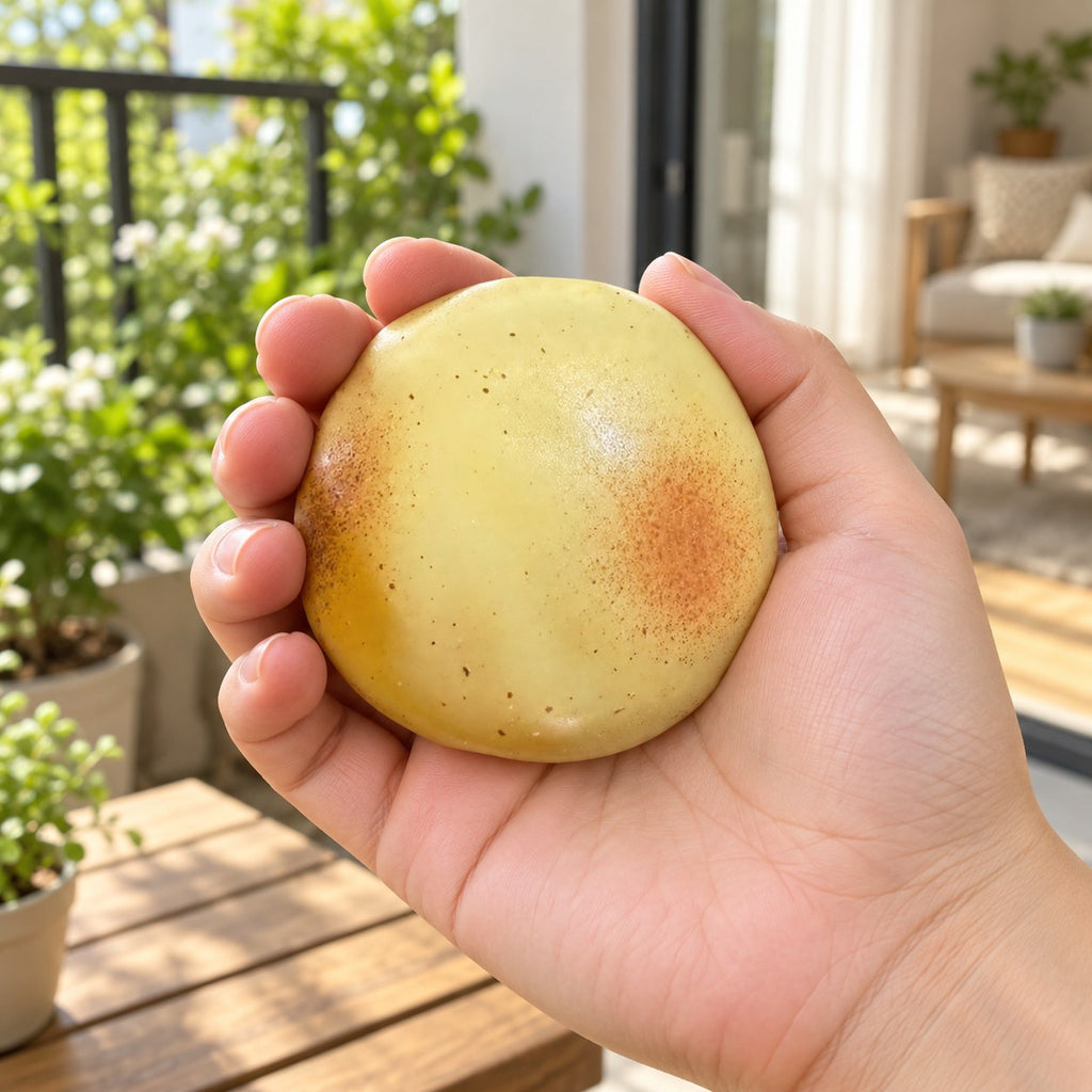 Mouldable Potato Squishy, No Bounce Back, held in a hand to show the real size