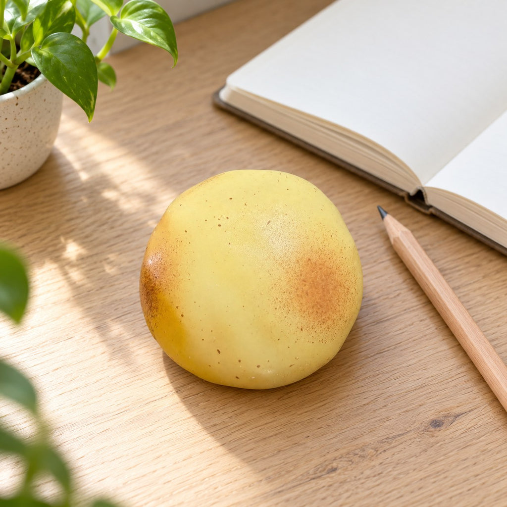Aardappel squishy gelei, op een bureau met notitieboek en potlood