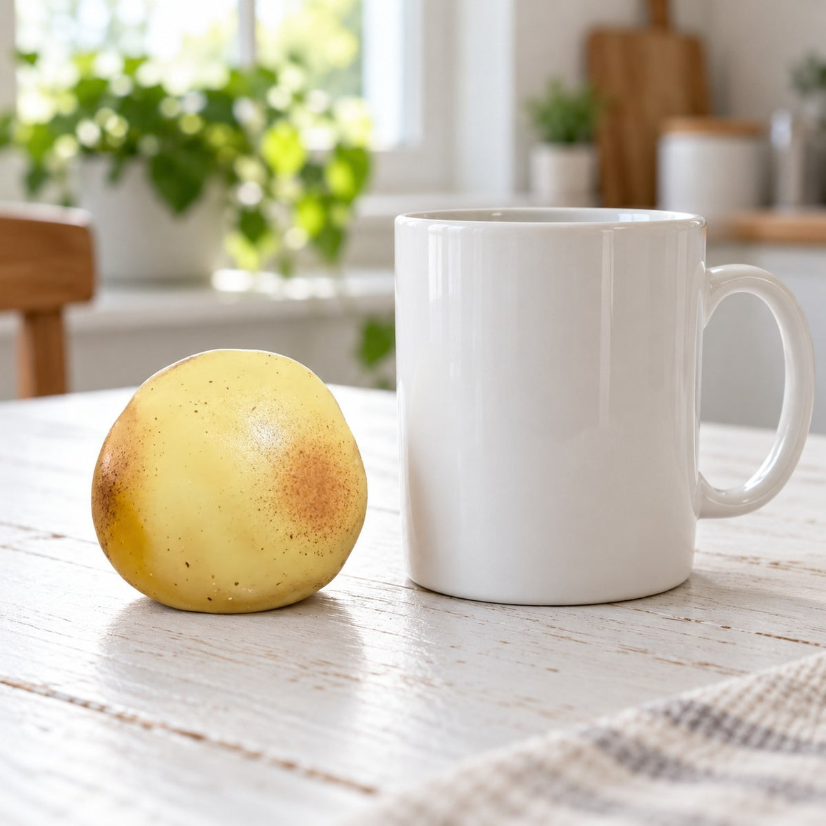 Mouldable Potato Squishy, No Bounce Back, next to a coffee mug for size comparison