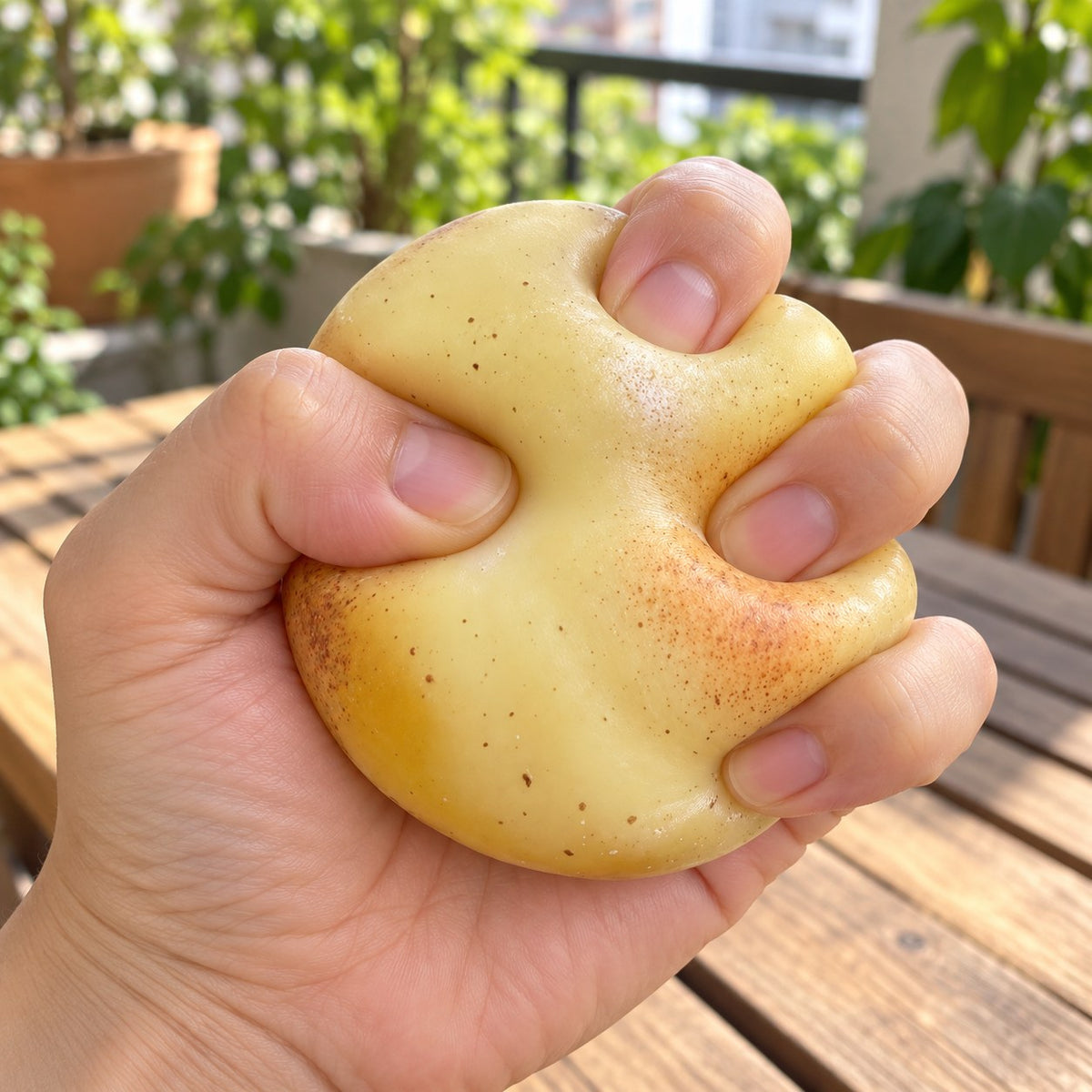 Mouldable Potato Squishy, No Bounce Back, being squeezed by hand, soft and squishy